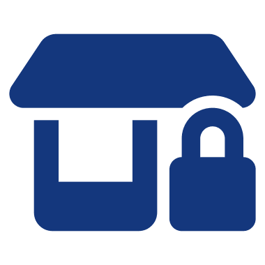 A blue icon of a house with a padlock on the top.